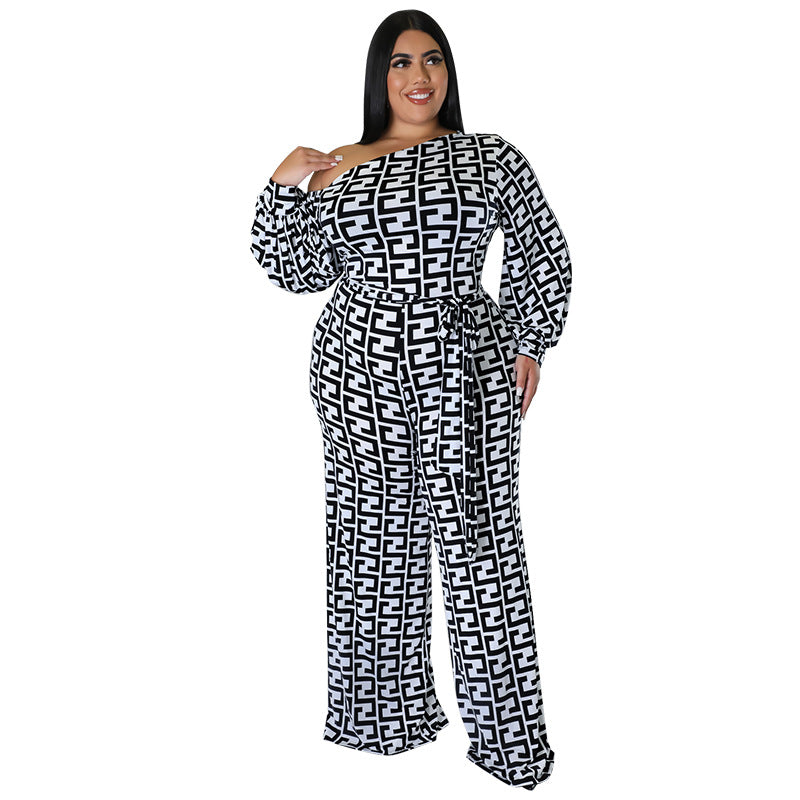 BamBam Plus Size Women's Fall New Fashion Casual Print Long Sleeve Jumpsuit - BamBam Clothing