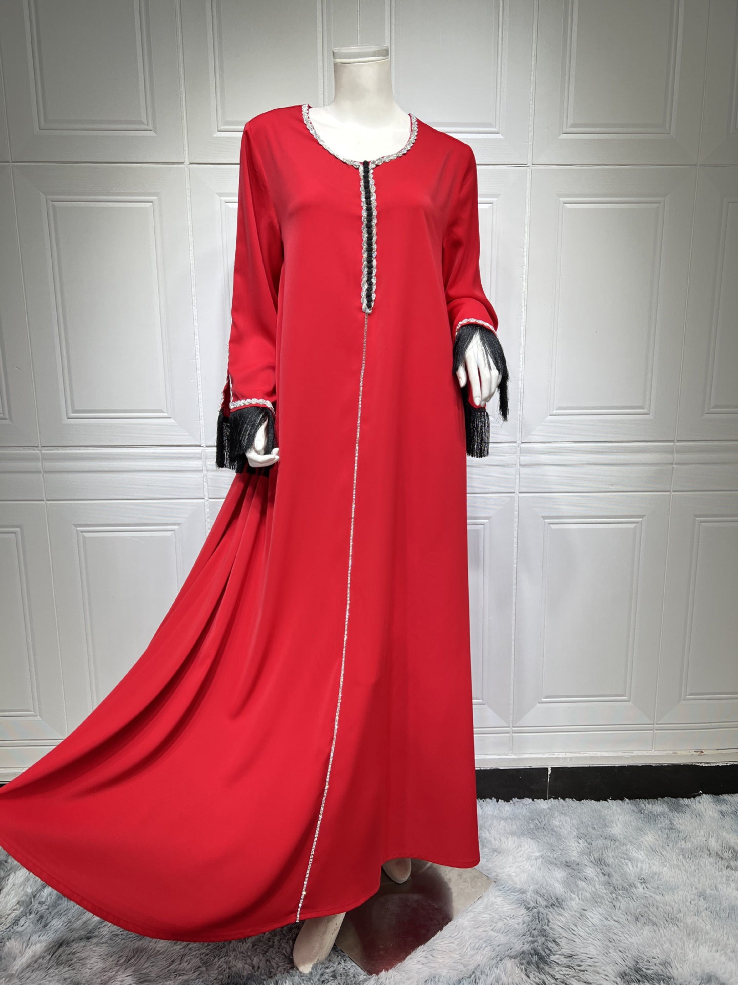 BamBam Muslim Beaded Dress Diamond Fashion Tassel Patchwork Robe Dubai Saudi Women Clothes - BamBam