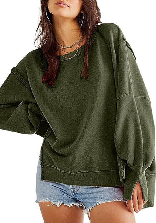 Women's Fall/Winter Oversized Round Neck Sweatshirt Side Slit Long Sleeve T-Shirt