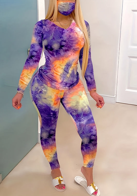 Women's Autumn And Winter Tie Dye Long Sleeve Plus Size Two Piece Pants Set