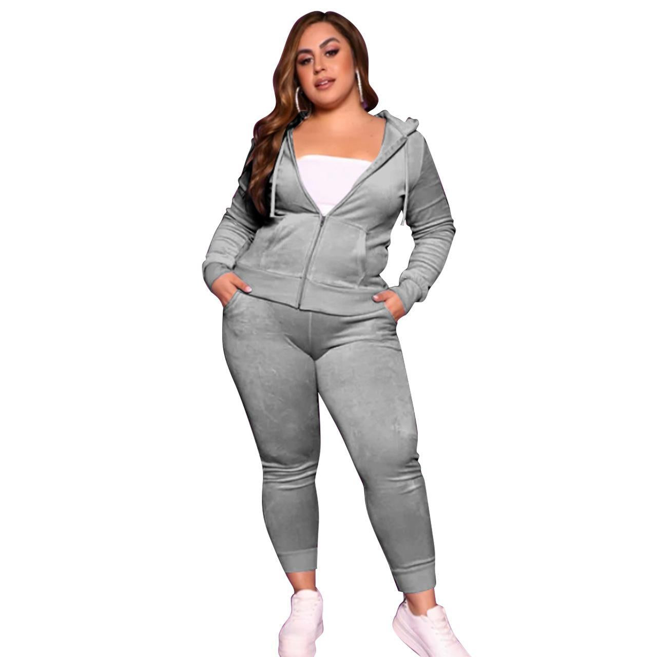 BamBam Plus Size Women Fall/Winter Solid Velvet Casual Top and Pant Two-piece Set - BamBam