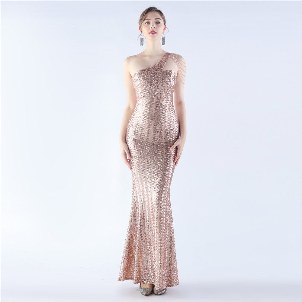 BamBam Women Beaded One Shoulder Slash Shoulder Evening Dress - BamBam Clothing