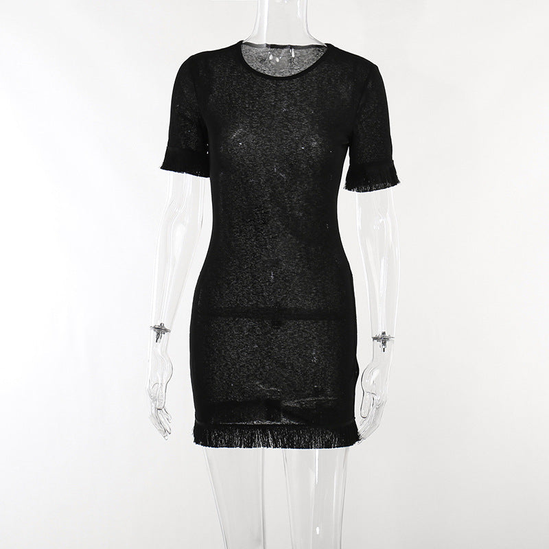 BamBam Sexy See-Through Round Neck Solid Tassel Short Sleeve Bodycon Slim Dress - BamBam Clothing