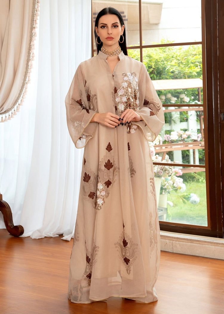 BamBam Spring Sequins Embroidered Apricot V-neck Long Sleeve Maxi Dress Middle East Dubai Muslim Dresses - BamBam