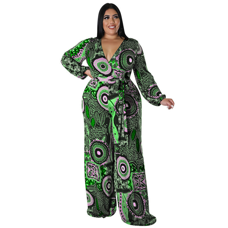 BamBam Plus Size Women Fall Print Long Sleeve Jumpsuit - BamBam Clothing