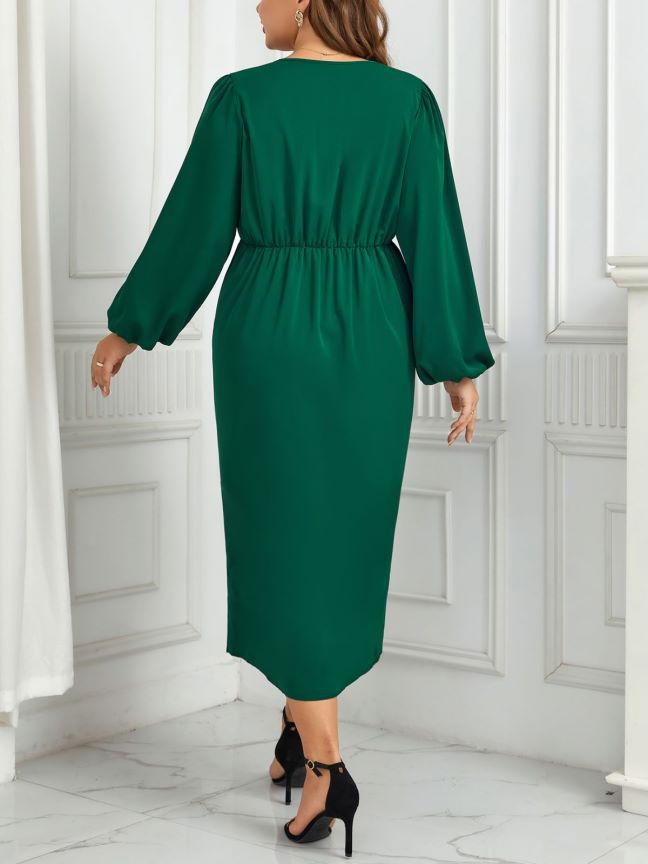 BamBam Green Casual V-Neck Slim Fit Plus Size Dress - BamBam