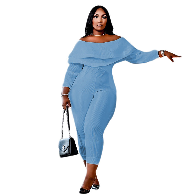 BamBam Fall/Winter Women's Plus Size Loose Ruffle High Stretch Sexy Ribbed Jumpsuit - BamBam Clothing