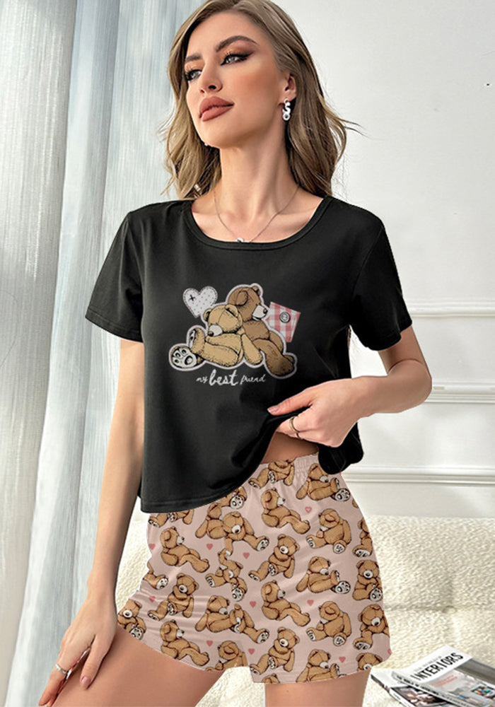 Women Summer Loungewear  Round Neck Printed Short Sleeve T-shirt and Shorts Two-piece Set