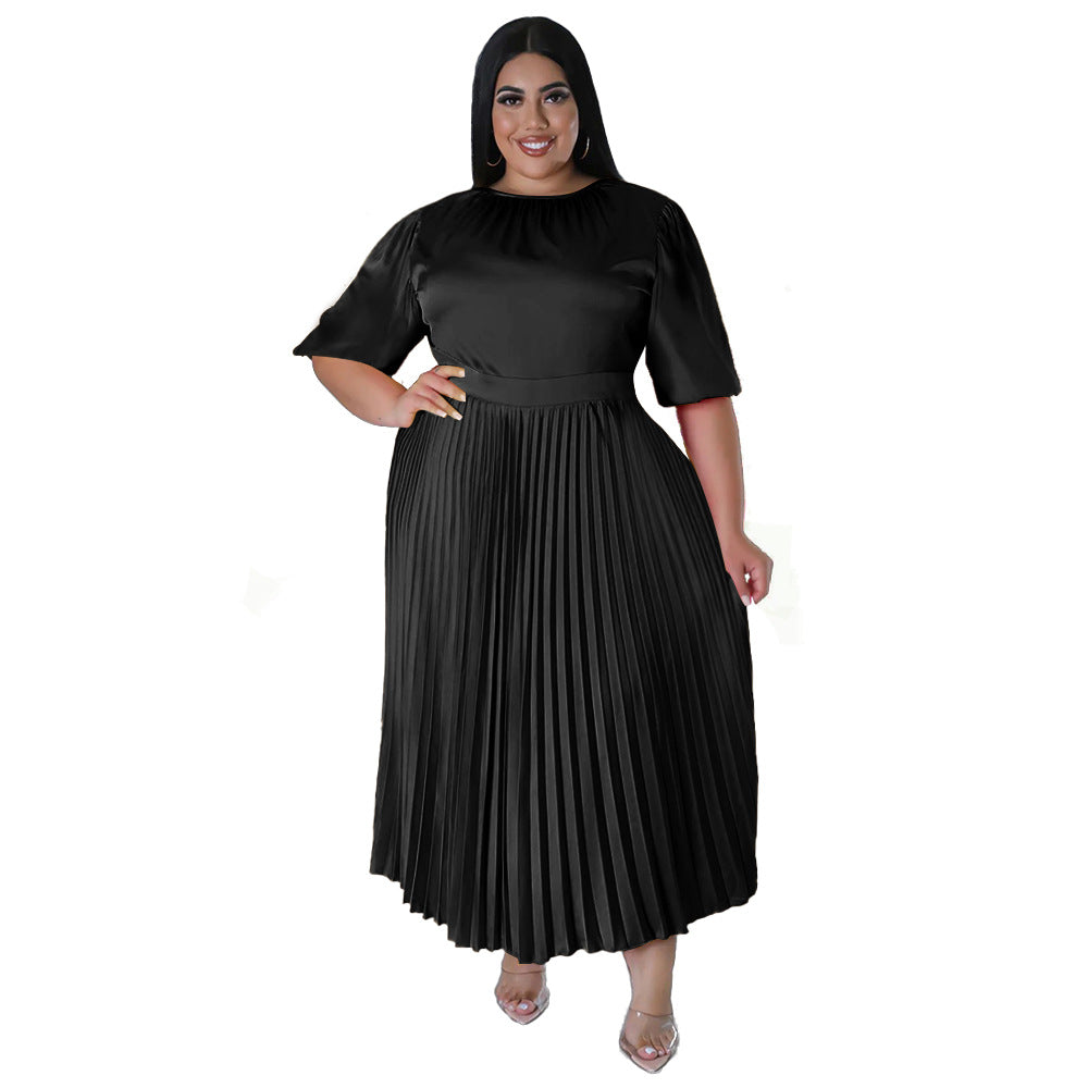 BamBam Plus Size Women's Fall Winter Pleated Round Neck Long Dress Short Sleeves - BamBam