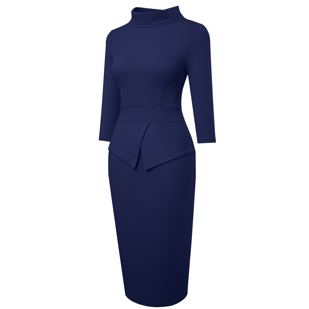 BamBam Chic Women's Mid Waist Patchwork Solid Color Half Turtleneck Bodycon Work Dress - BamBam