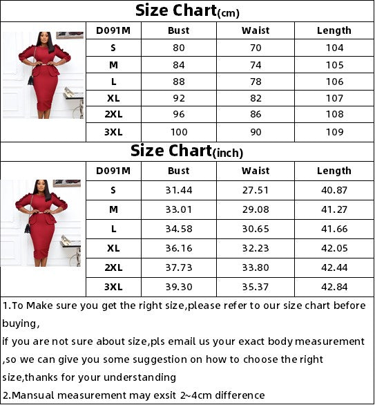 BamBam Spring African Red Round Neck Three Quarter Sleeve Ruffles With Belt Office Dress - BamBam