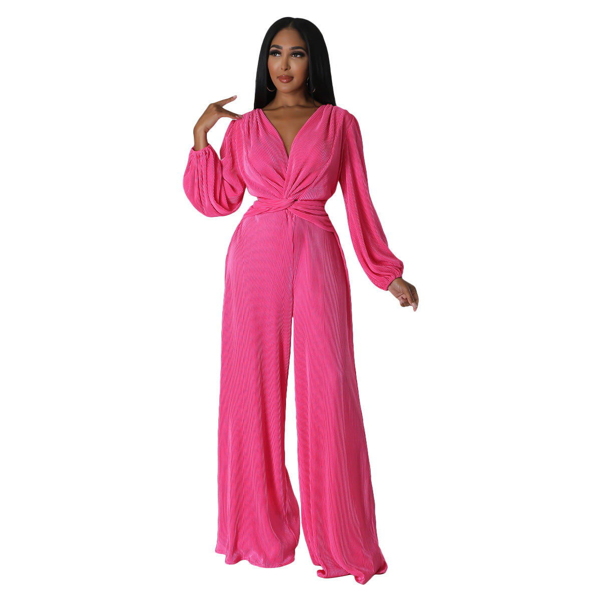 BamBam Women's Clothing Autumn/Winter V-Neck Pleated Long Sleeve Slim Waist Wide-Leg Jumpsuit - BamBam Clothing