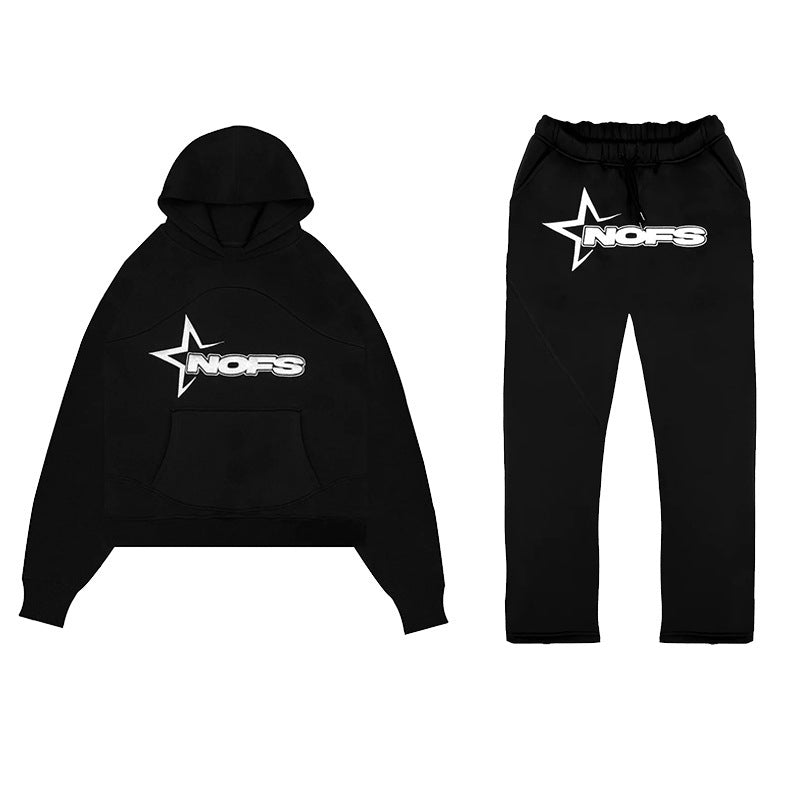 BamBam Retro Letter Print Plus Size Loose Tracks Hip-Hop Streetwear Men's And Women's Casual PulBamBam Hoodies And Sweatpants Two Piece Set - BamBam