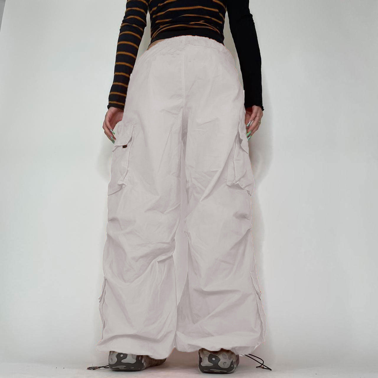 BamBam Street Pocket Elastic Waist Cargo Pants Sweet Cool Loose Slim Fit Versatile Casual Pants - BamBam