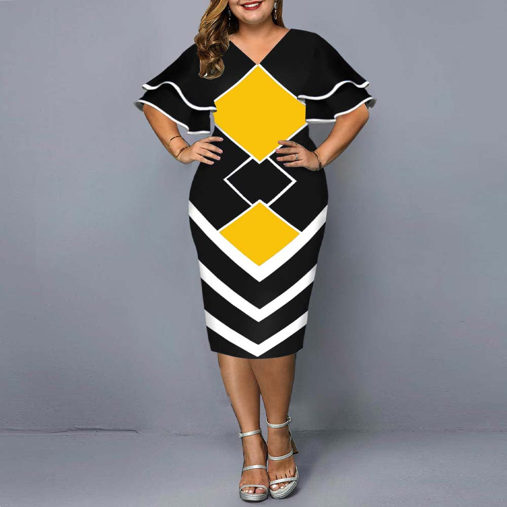 BamBam Fall Digital Print Flying Sleeve Plus Size Women's Dress - BamBam