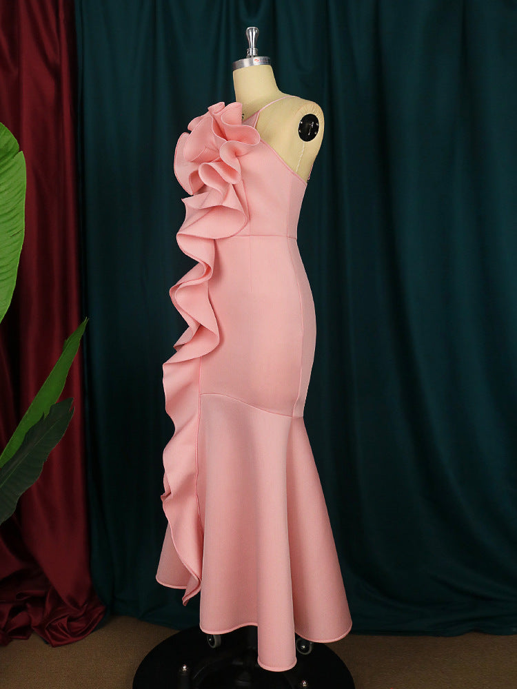 BamBam Ladies Birthday Party Dress Ruffled Occasion Prom Low Back Sexy Sling Club Dress Long Dress - BamBam
