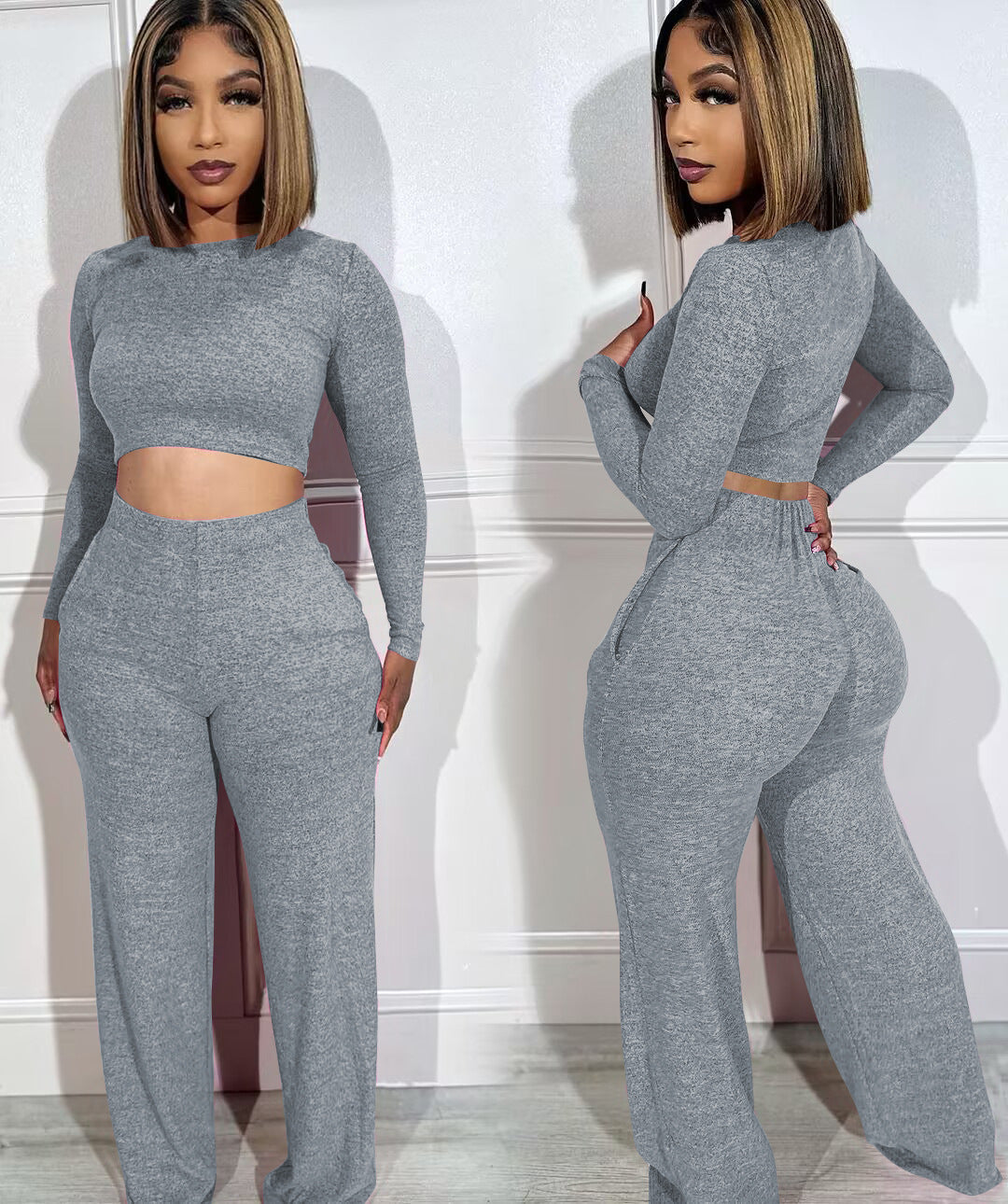 BamBam Women's Fashion Long Sleeve Crop Tops And Pants Casual Two Piece Set - BamBam