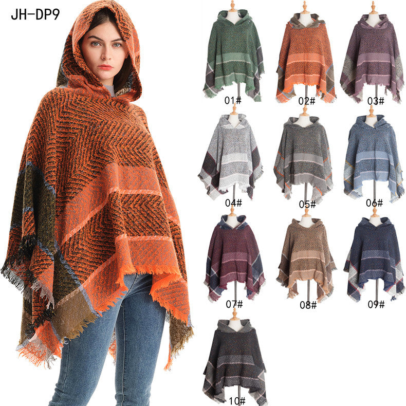 BamBam Women herringbone pattern hooded shawl cloak - BamBam