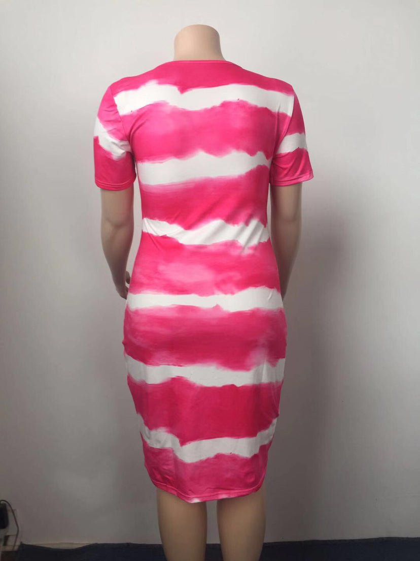BamBam Ladies Classic Tie Dye Print Short Sleeve Plus Size Bodycon Dress - BamBam