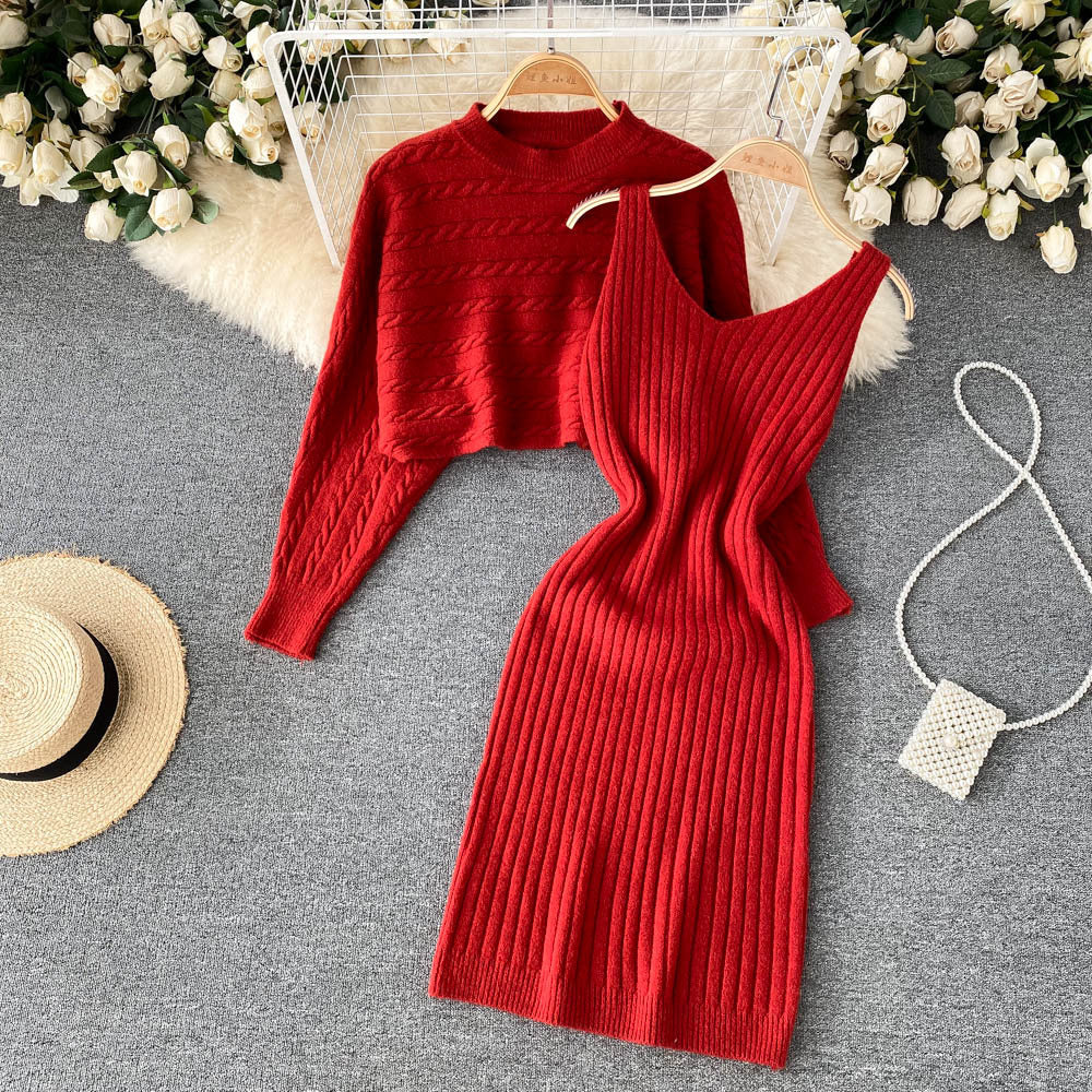 BamBam Women French sexy Bodycon Strap Dress +and loose knitting sweater two-piece set - BamBam