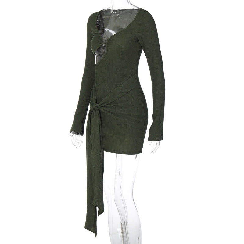 BamBam Fashionable V Neck Sashes Women's Autumn Solid Color Long Sleeve Slim Bodycon Dress - BamBam Clothing