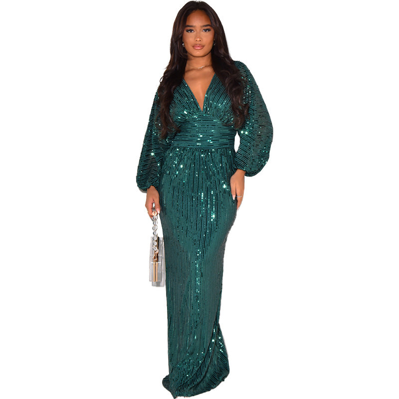 BamBam Women's Sequined Long Sleeve V-Neck Sexy Long Dress - BamBam Clothing