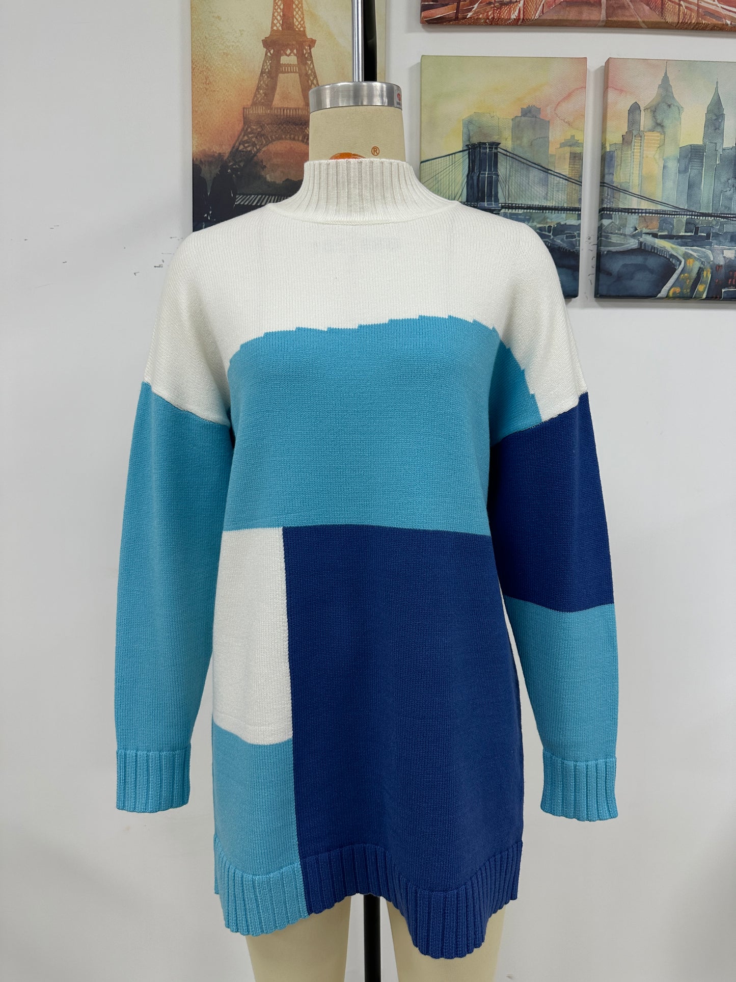 BamBam Plus Size Women Colorblock Round Neck Knitting Sweater Dress - BamBam