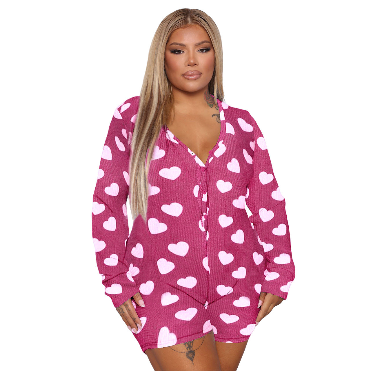 BamBam Plus Size Ladies Homewear V-Neck Print Jumpsuit - BamBam Clothing