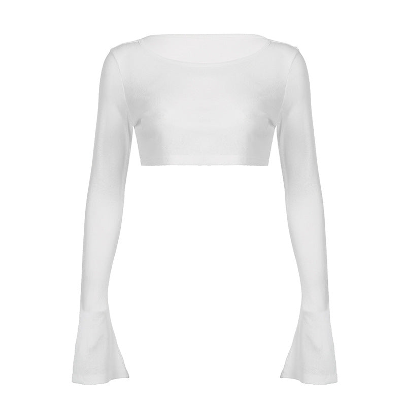 BamBam Women Solid Casual See-Through Long Sleeve Crop Top - BamBam