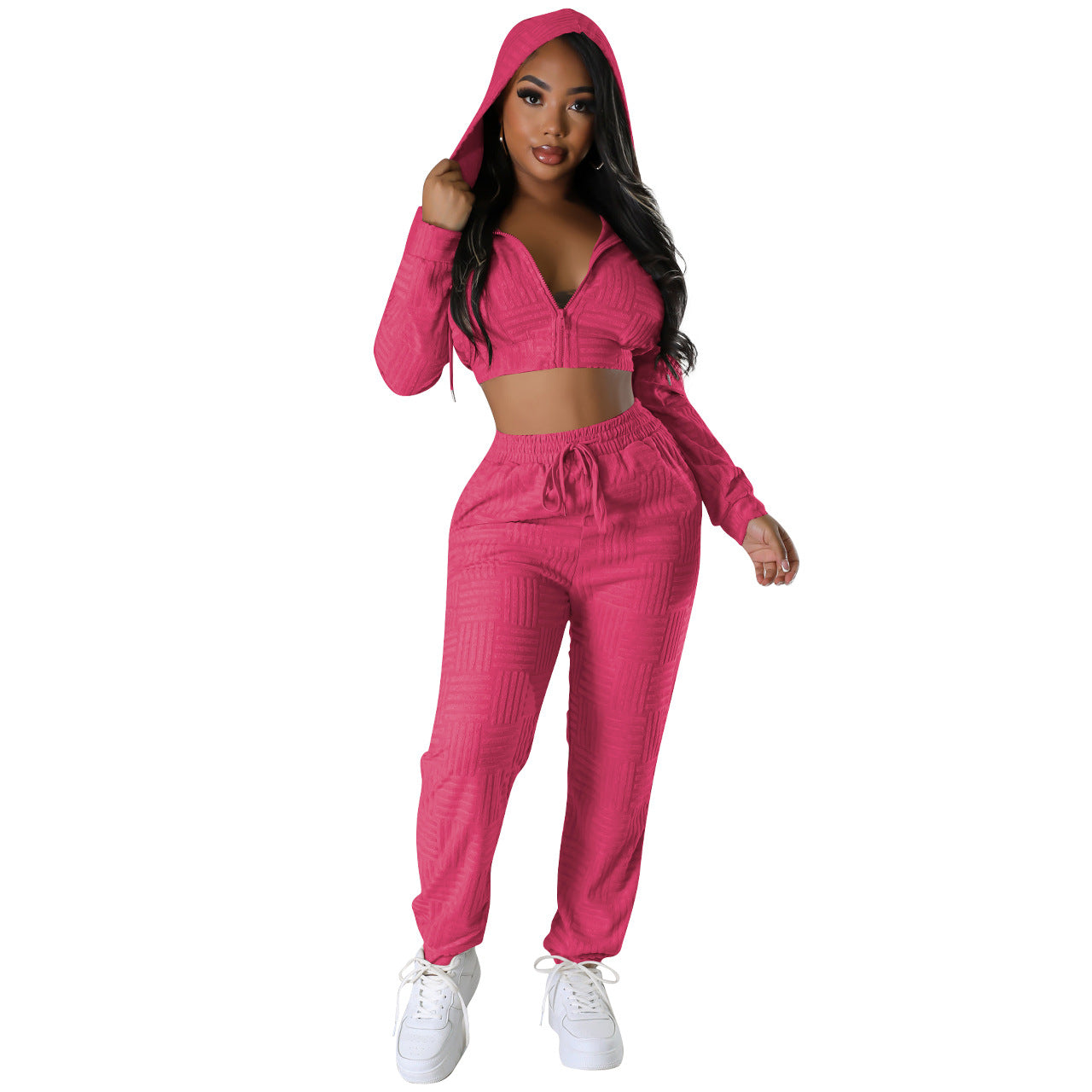 BamBam Women's Clothing Fashionable Solid Jacquard Zipper Hoodie Sweatpants Two-Piece Set - BamBam