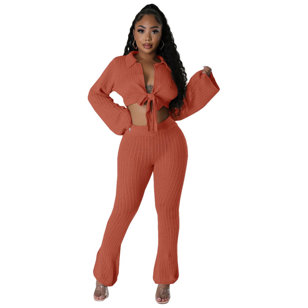 BamBam Women's Fashion Casual Bell Bottom Solid Color Knitting Tied Sweater Pants Two Piece Set - BamBam