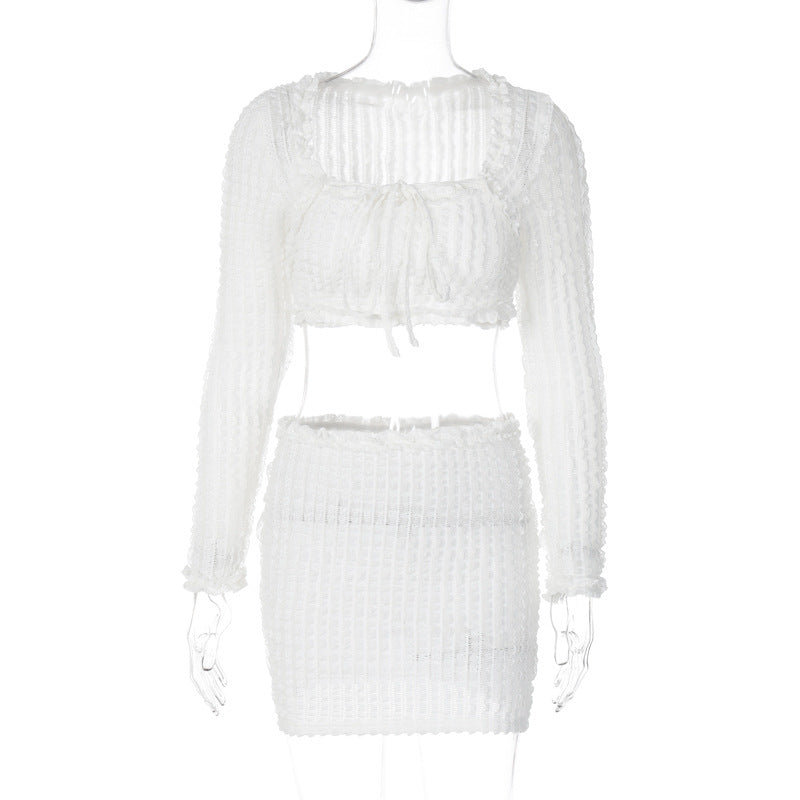 BamBam Women French Lace Square Neck Long Sleeve Crop Top and Sexy Mini Skirt Two-piece Set - BamBam