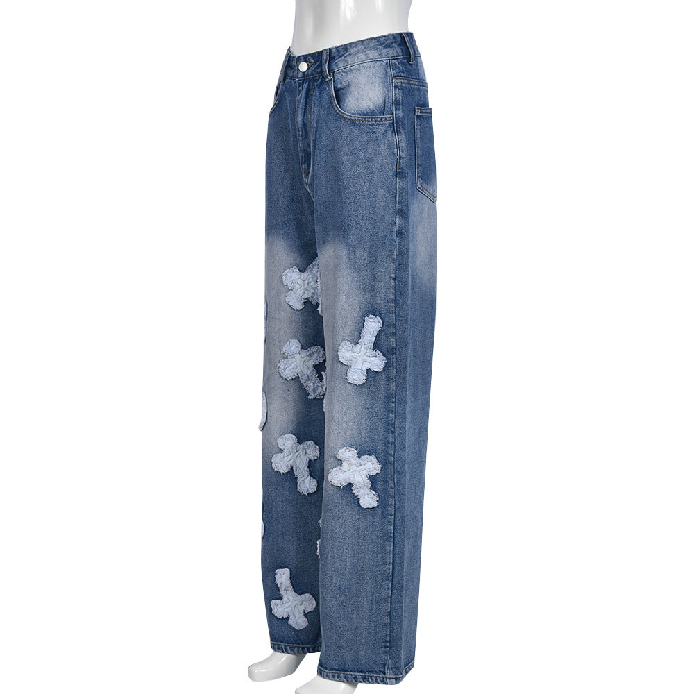 BamBam Women's Autumn Cross Patchwork Washed Pocket Street Trendy Denim Pants - BamBam