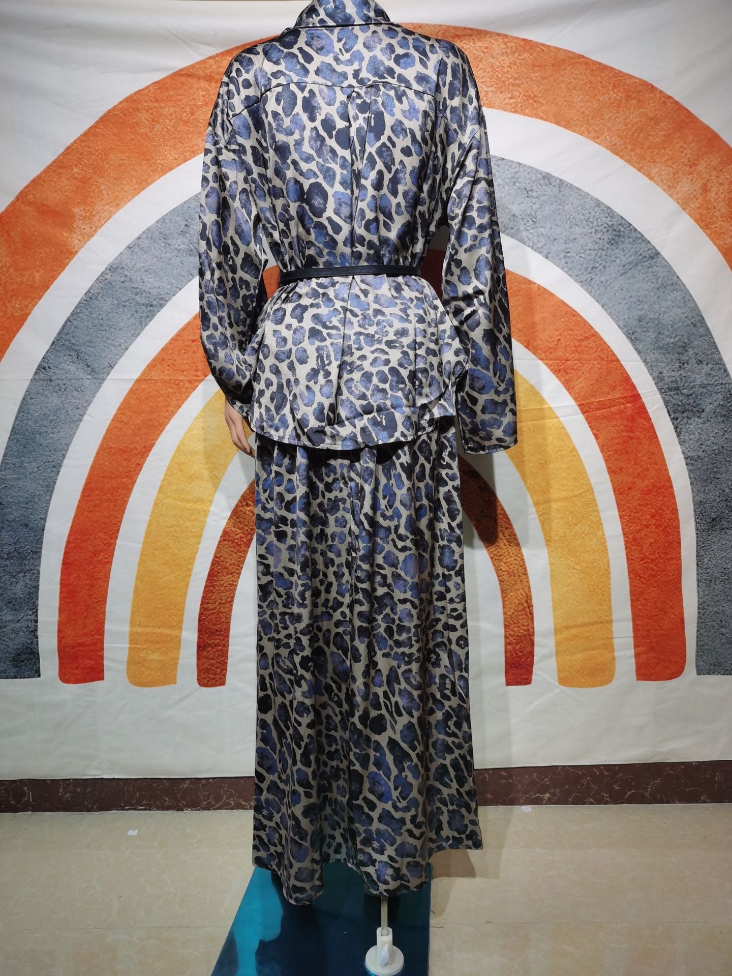 BamBam Muslim Women's Autumn Fashion Leopard Print Long Sleeve Shirt Skirt Two Piece Set - BamBam