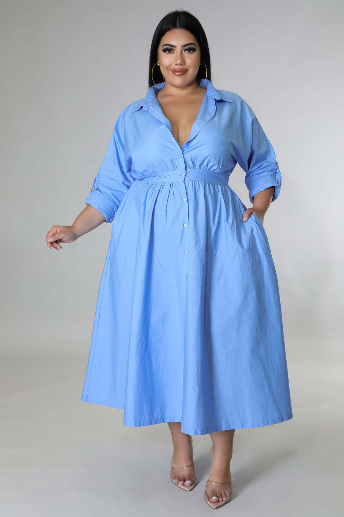 BamBam Plus Size Women's Solid Long Sleeve Shirt Dress - BamBam