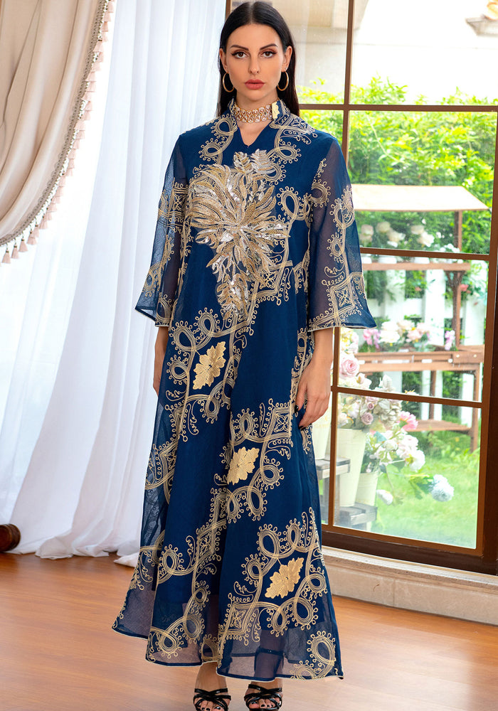 Women Spring Printed Embroidery Islamic Clothing Kaftan Abaya Muslim Dress