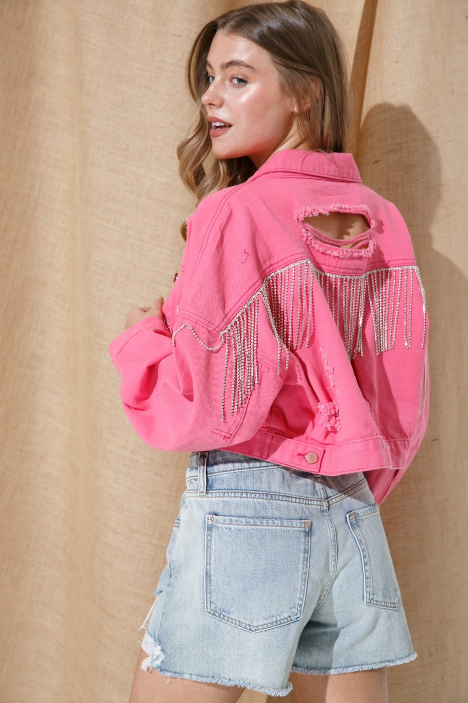 BamBam Women Ripped Rhinestone Tassel Long Sleeve Rose Denim Jacket - BamBam