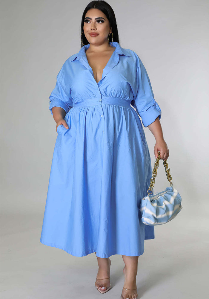 Plus Size Women's Solid Long Sleeve Shirt Dress