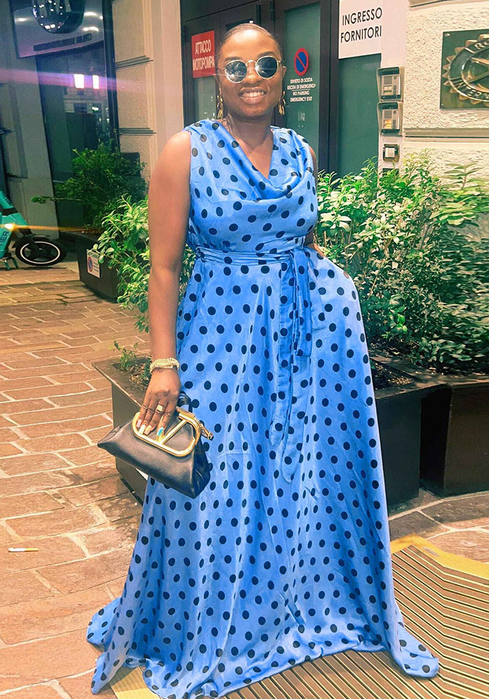 Sexy Fit Polka Dot Print Plus Size Belted Sleeveless Maxi Dress