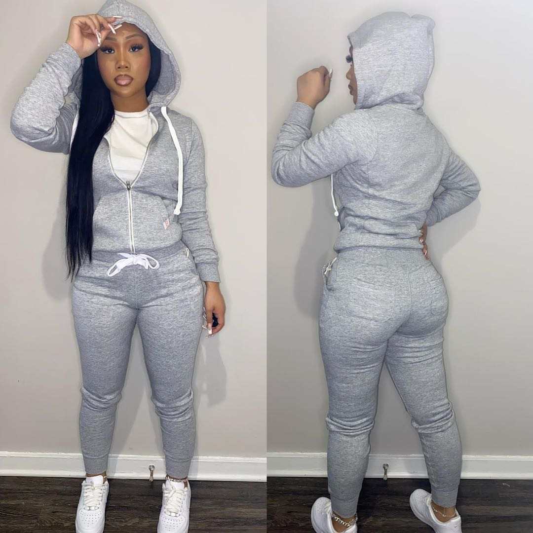 BamBam Women Sports Casual Solid Hoodies and Pant Two-piece Set - BamBam