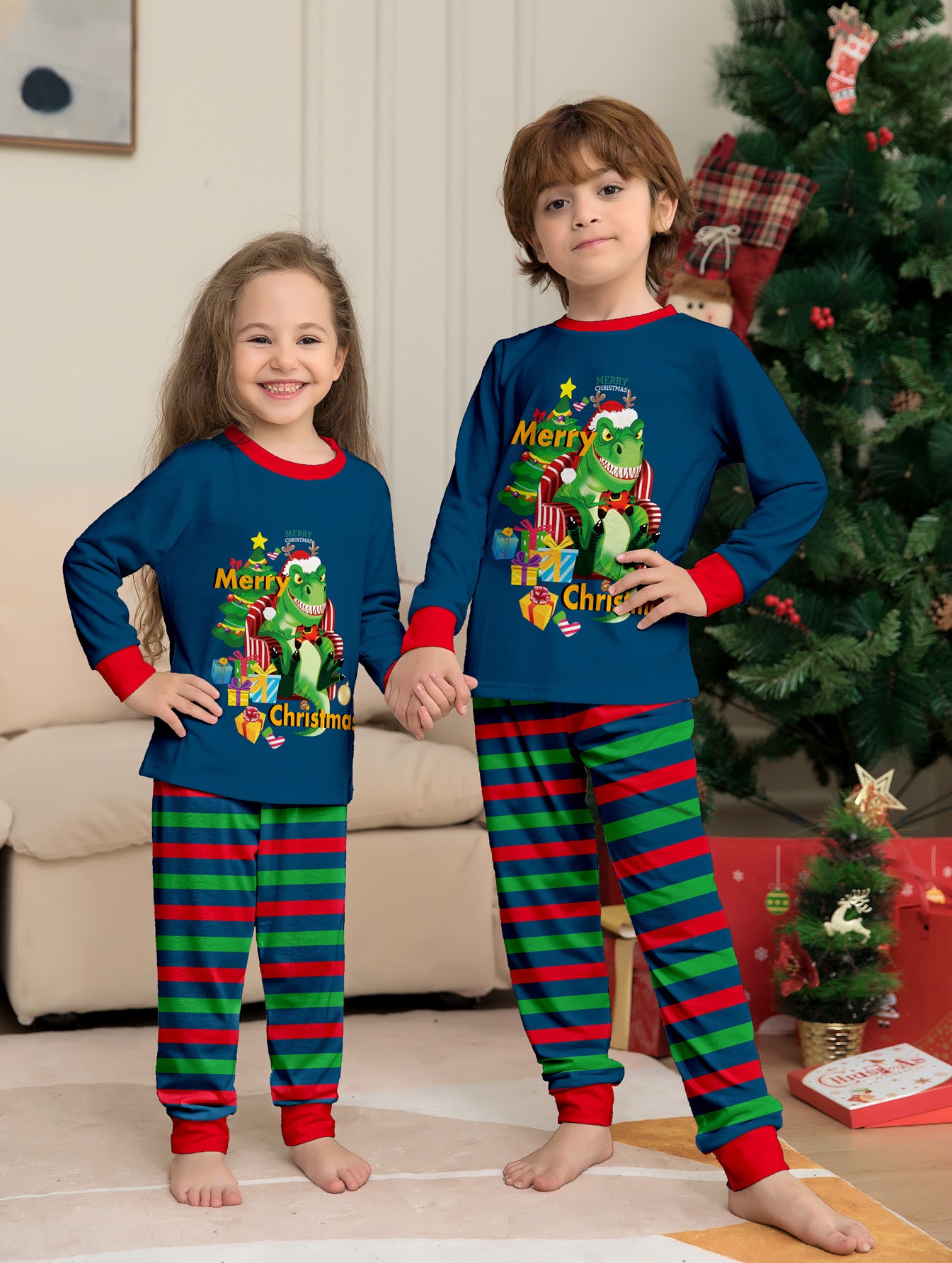 BamBam Christmas Cartoon Letter Christmas Tree Print Parent-Child Christmas Family Pajamas Set - BamBam