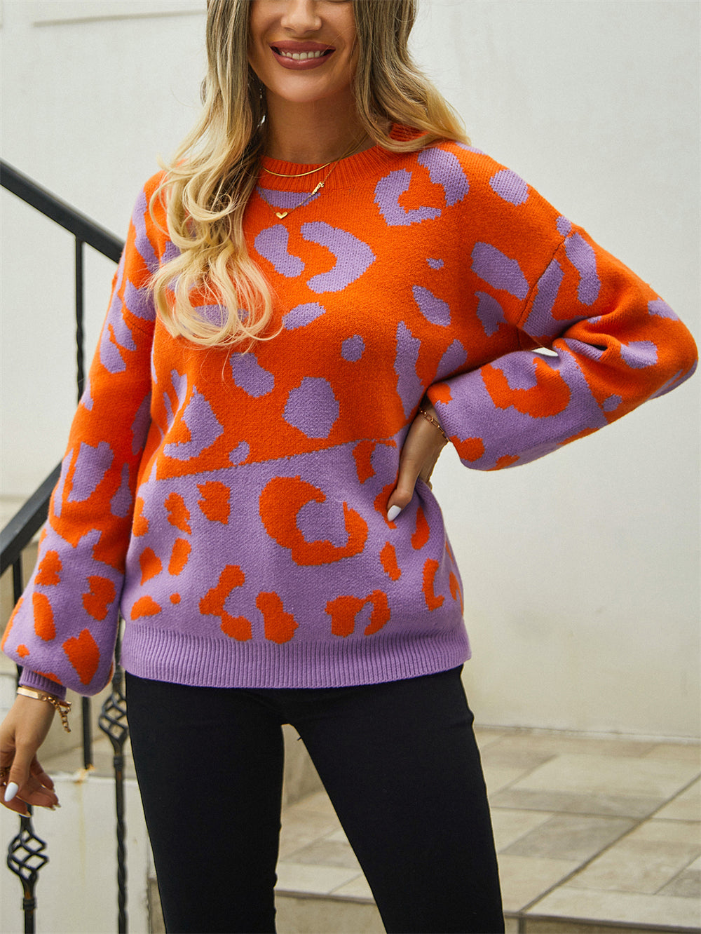 BamBam Autumn Winter Women's Sweater Pullover Leopard Patchwork Fashion Round Neck Sweater Women - BamBam
