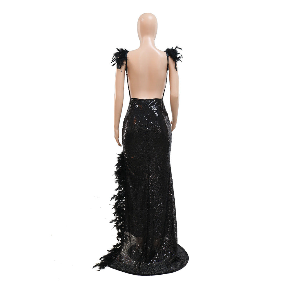 BamBam Sexy Feather Straps High Slit Sequin Low Back V-Neck Party Nightclub Style Dress - BamBam Clothing Clothing