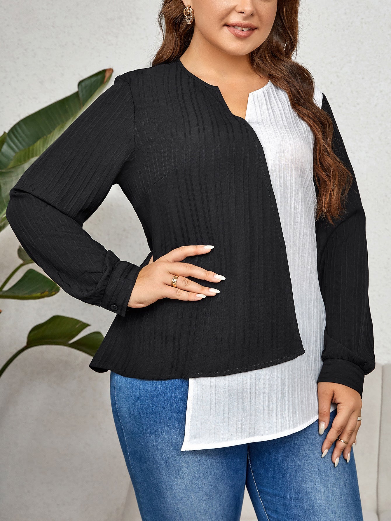 BamBam Plus Size Women Color Block Irregular Long Sleeve Shirt - BamBam