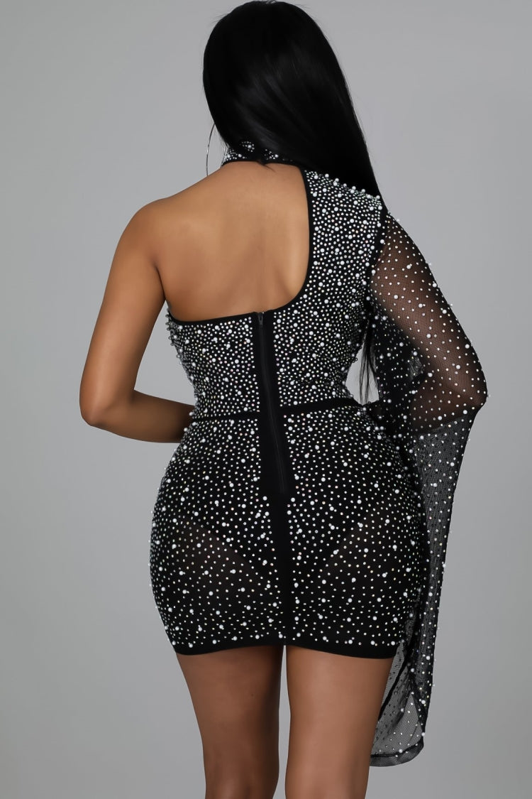 BamBam Fall Sexy Black Bling Beaded Choker One off Shoulder Club Dress - BamBam Clothing