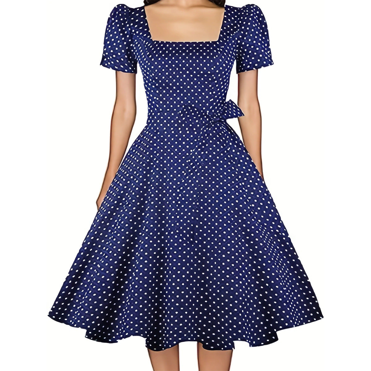 BamBam Women's Polka Dot Belted Slim Waist Puff Sleeve Retro Swing Dress - BamBam