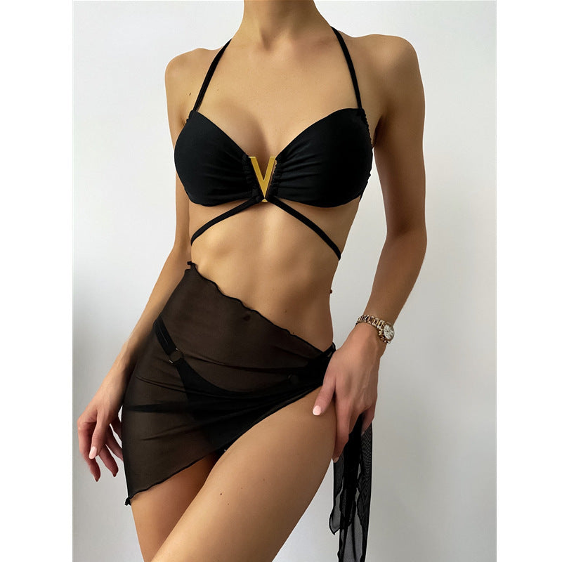 BamBam Women Bikini Sexy Black v Backless swimwear Three-Piece - BamBam