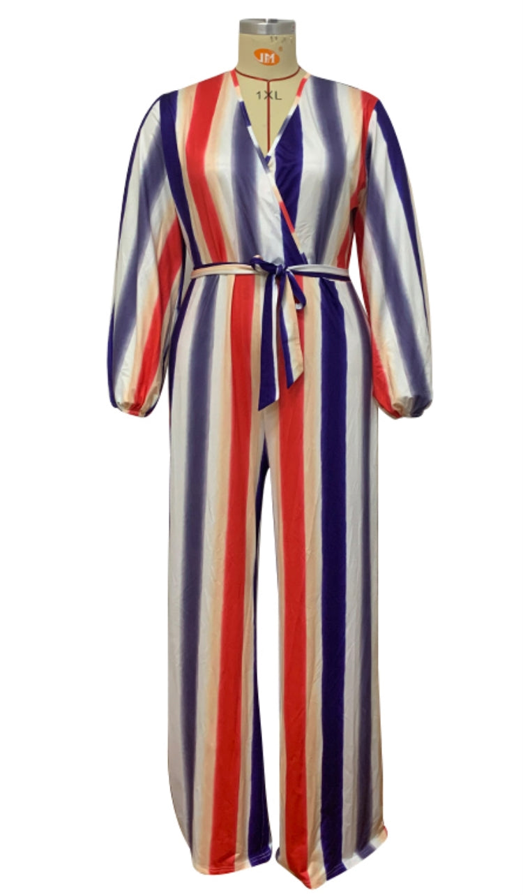 BamBam Autumn Plus Size Colorful Stripes V-Neck Jumpsuit with Belt - BamBam Clothing