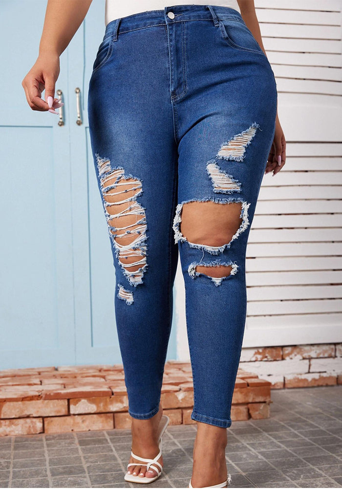 Plus Size Women Fall Ripped Denim Pants