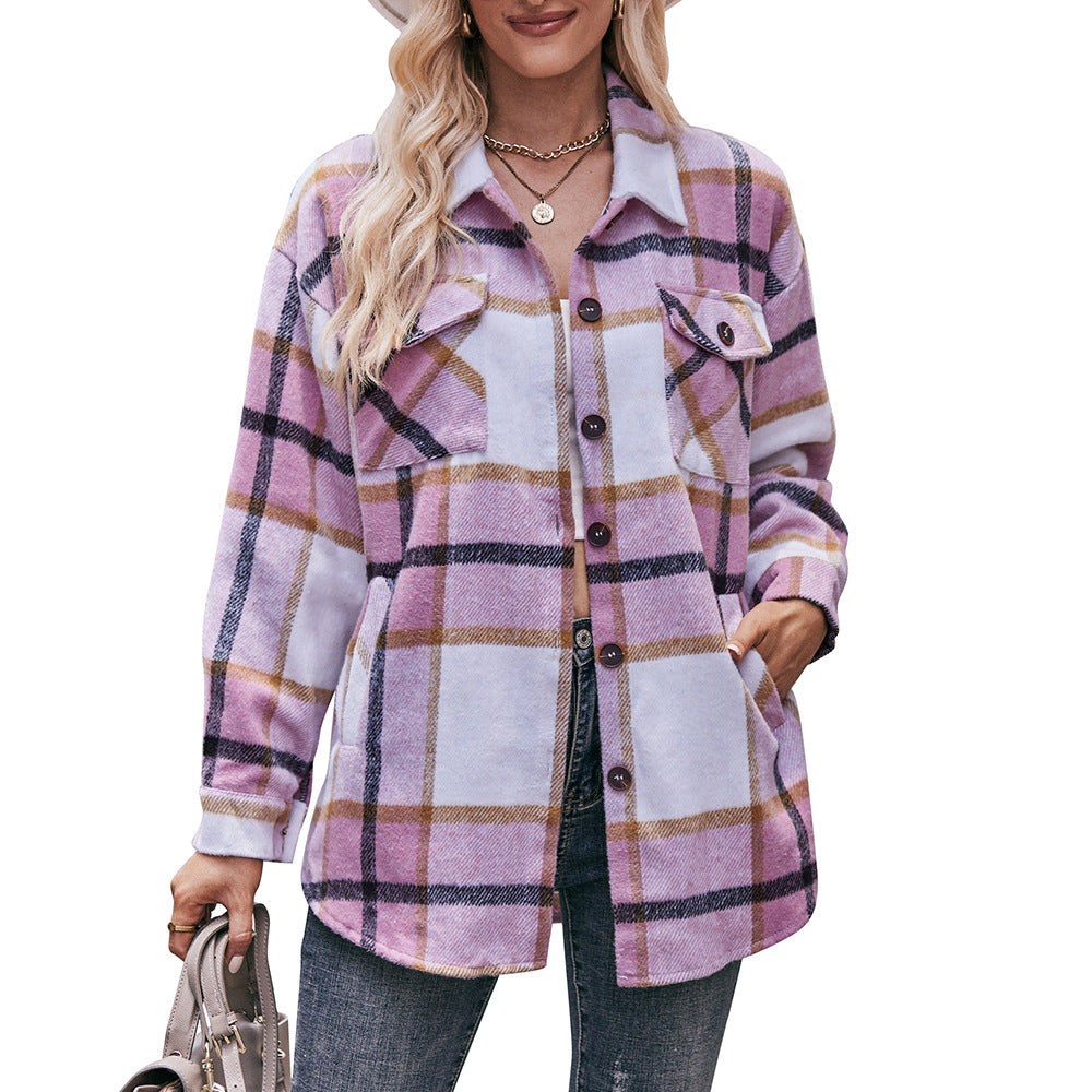 BamBam Women Casual Plaid Loose Pocket Shirt Jacket - BamBam